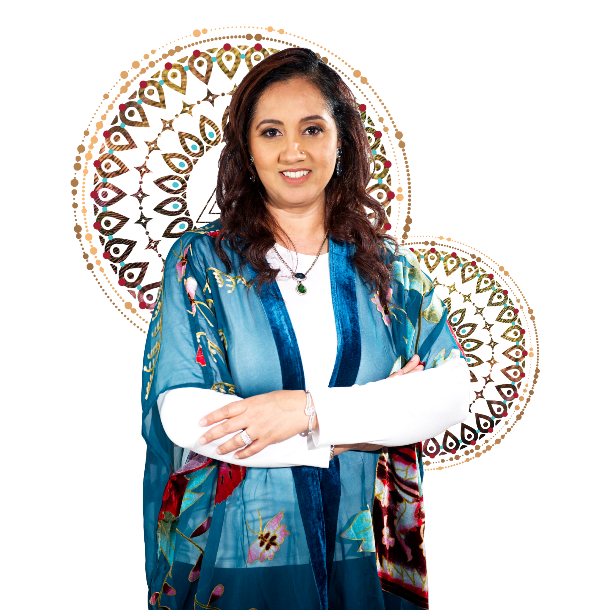 A woman in a blue shawl standing in front of a circular pattern at MoneyCode Bootcamp.