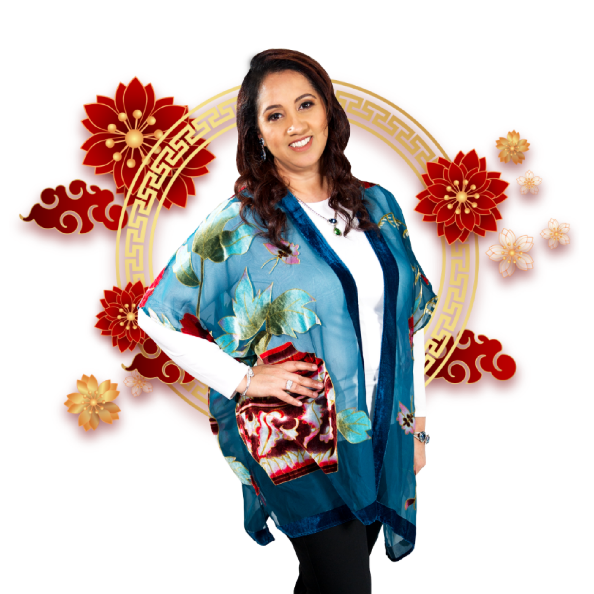A woman in a blue kimono poses for a photo at MoneyCode Bootcamp.