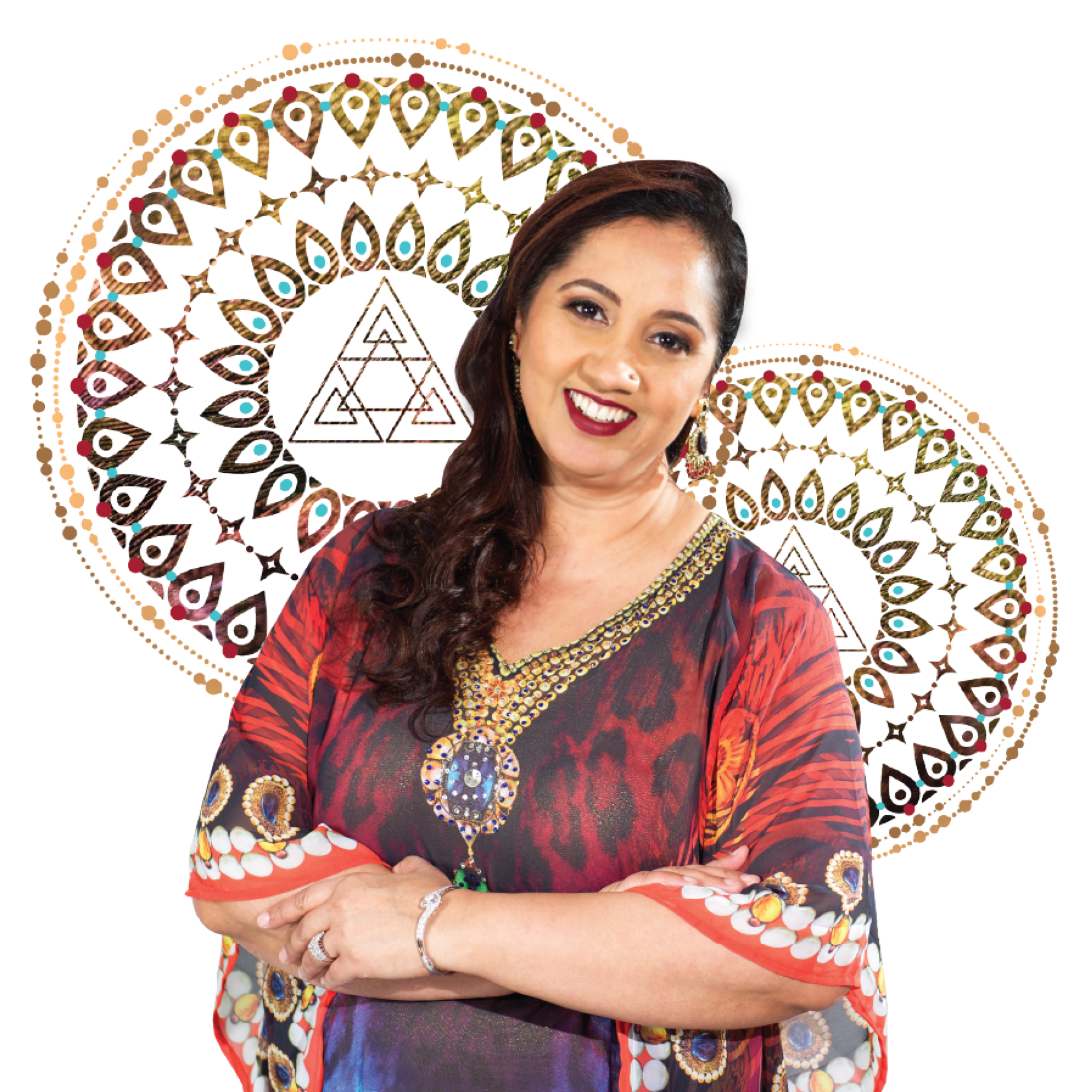 A woman in a colorful dress standing in front of a circular pattern at MoneyCode Bootcamp.