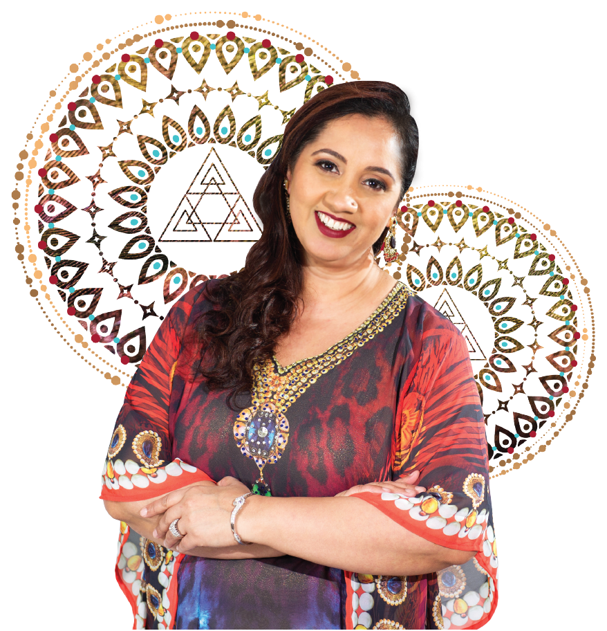 A woman in a colorful dress standing in front of a circular pattern, indicating a Life Map Reading.