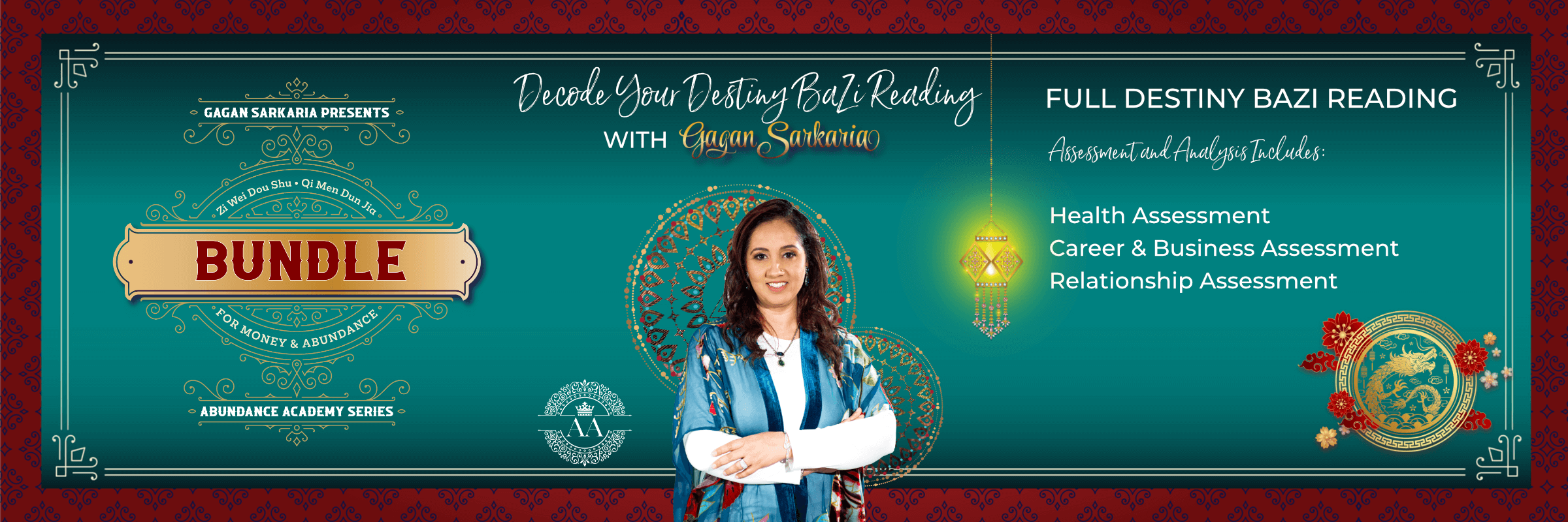 A Bazi Reading poster featuring a woman in a blue dress.