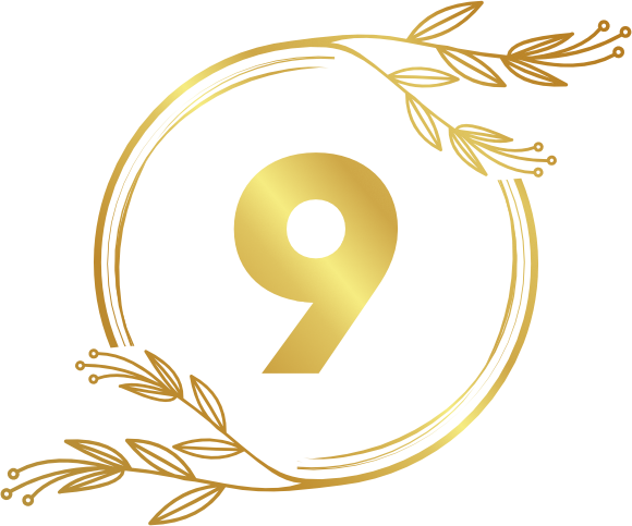 The number nine in gold with a wreath around it, symbolizing planning your success coaching.
