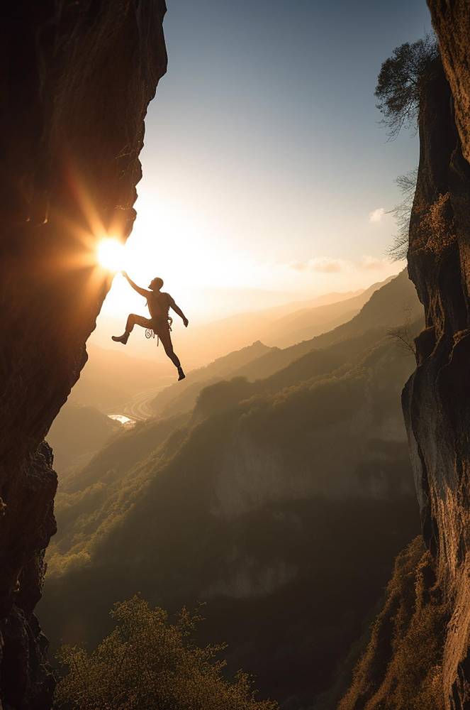A climber performing a daring jump off a cliff at sunset, defying gravity with sheer adrenaline.